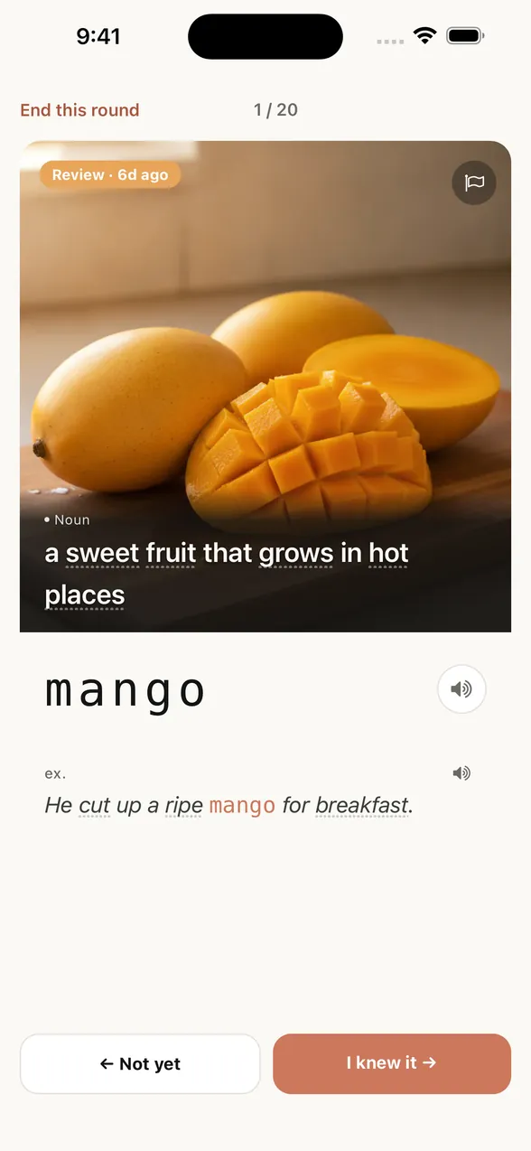 App screen after “Show answer”: the word is mango, with an example sentence.