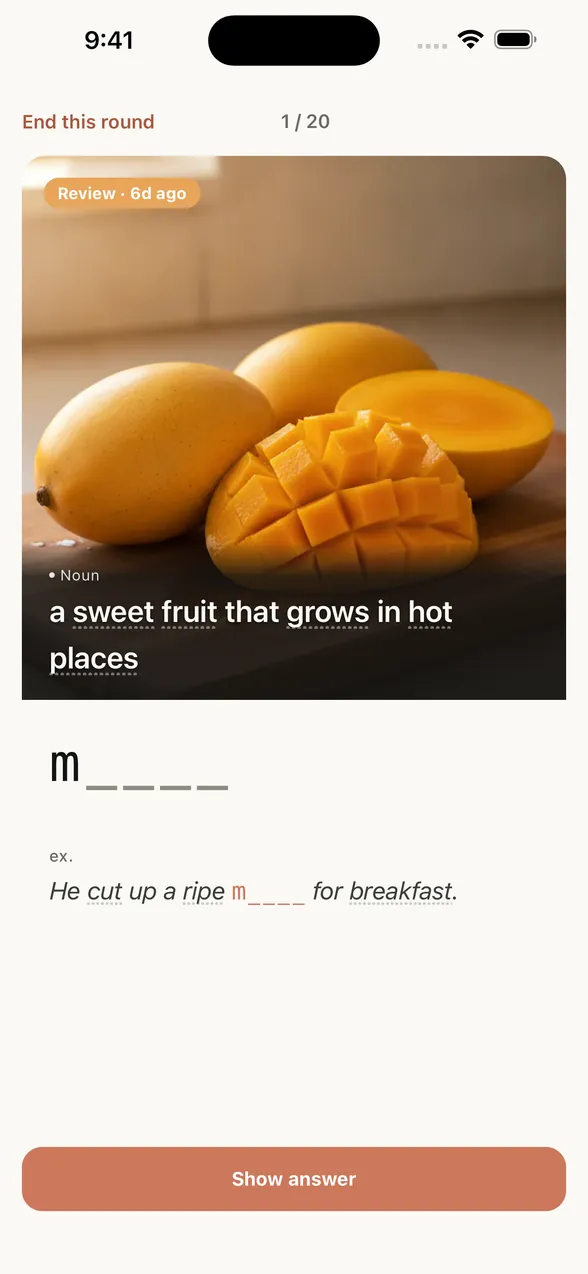 App review screen before the answer: the picture with its English definition, and a letter hint that shows only the first letter.