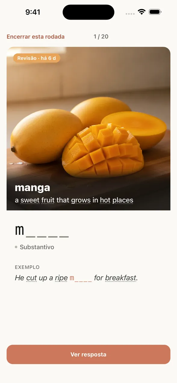 Tela de revisão do app (antes de ver a resposta): sobre a imagem, o significado em português e a definição em inglês; embaixo, uma dica que mostra só a primeira letra.