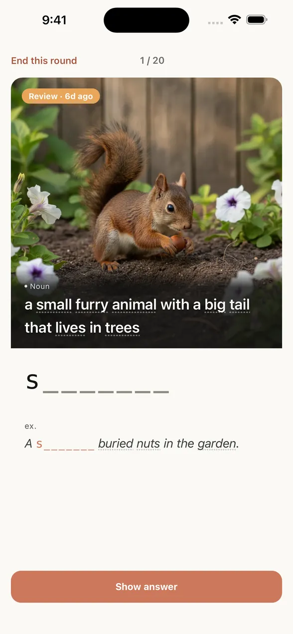 App screen: recalling a word from its image and definition, letter hint shown