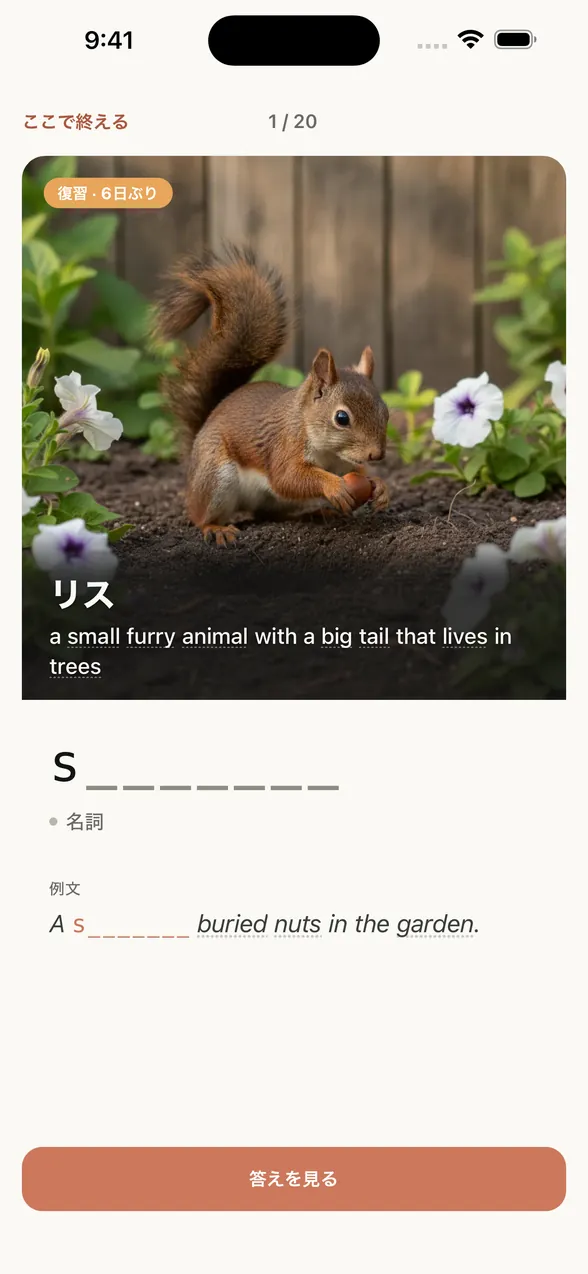 アプリの復習画面（答えを見る前）。リスの画像に日本語の意味「リス」と英語の定義が重なり、その下に文字ヒント（s と空欄7文字）。