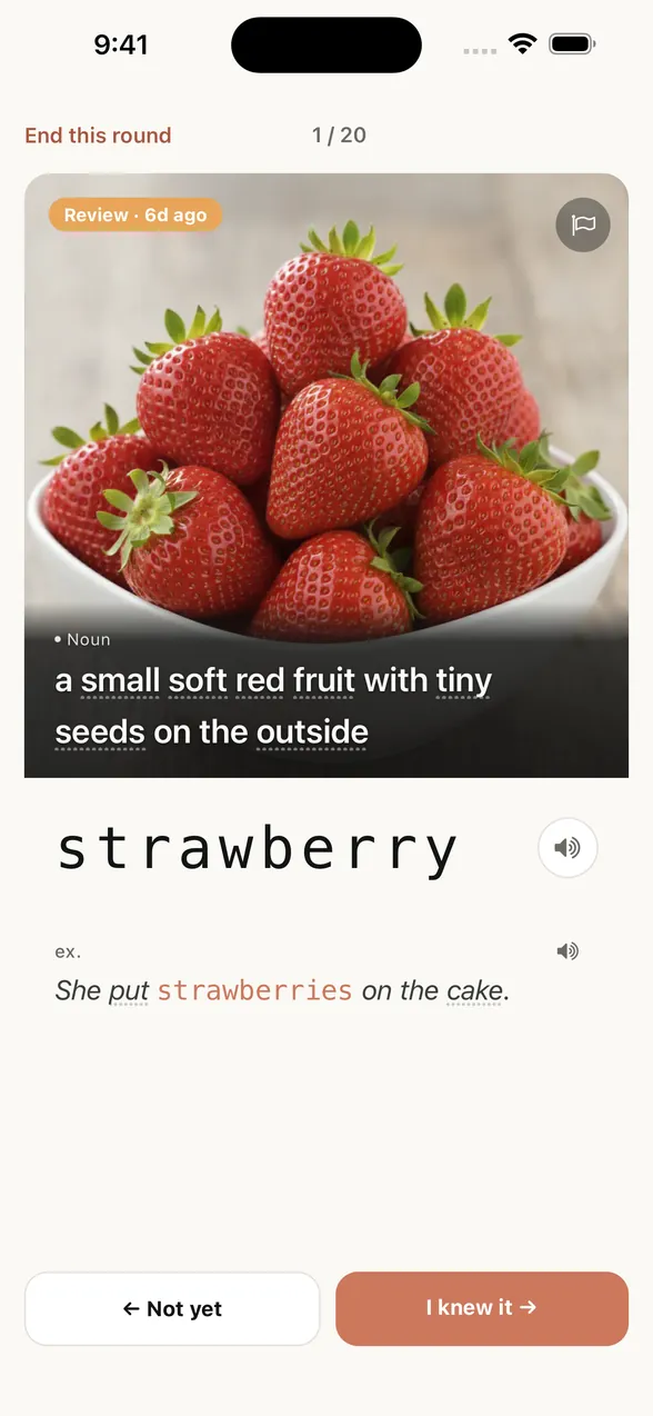 App screen after “Show answer”: the word is strawberry, with an example sentence.