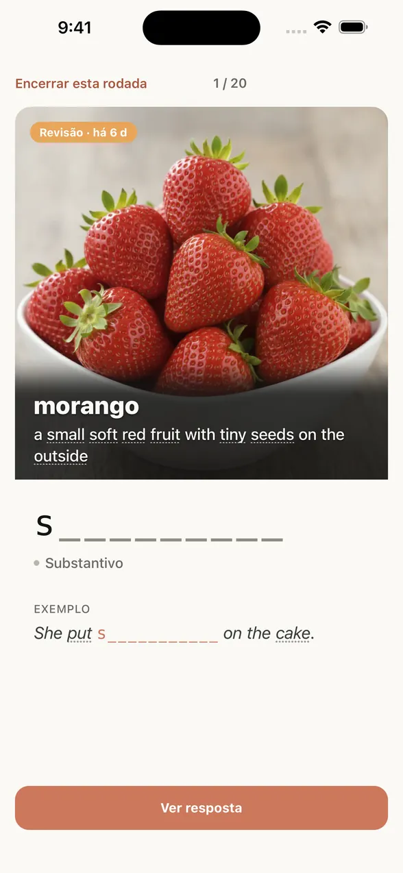Tela de revisão do app (antes de ver a resposta): sobre a imagem, o significado em português e a definição em inglês; embaixo, uma dica que mostra só a primeira letra.